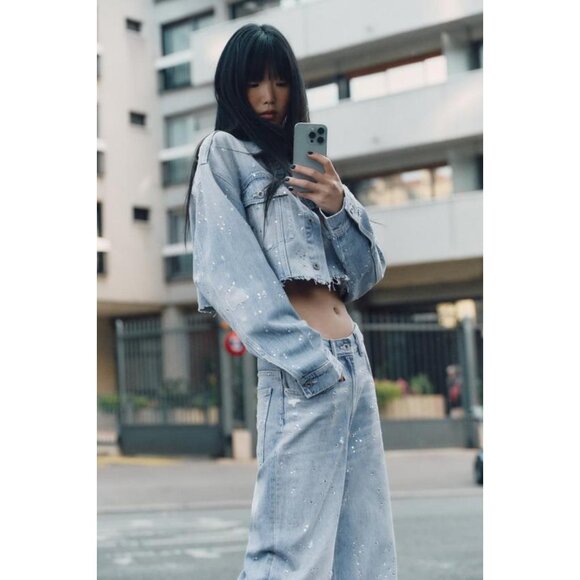 ZARA TRF STRASS CROP DENIM JACKET - Picture 5 of 9